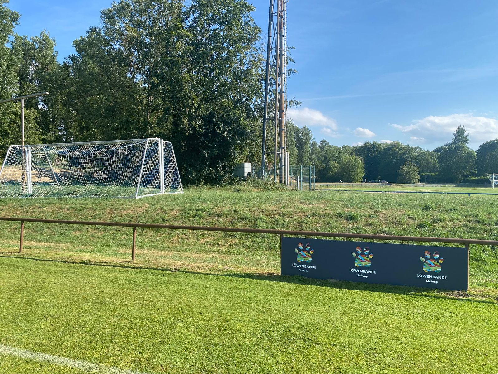 New football goals at the TuS Altrip sports ground, with a Löwenbande Foundation board in front